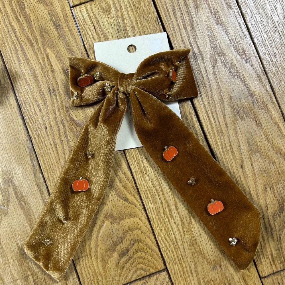 NEW Hair Clips Velvet Bows Pearl Embellished Rhinestone Pumpkin‎ Accents Set